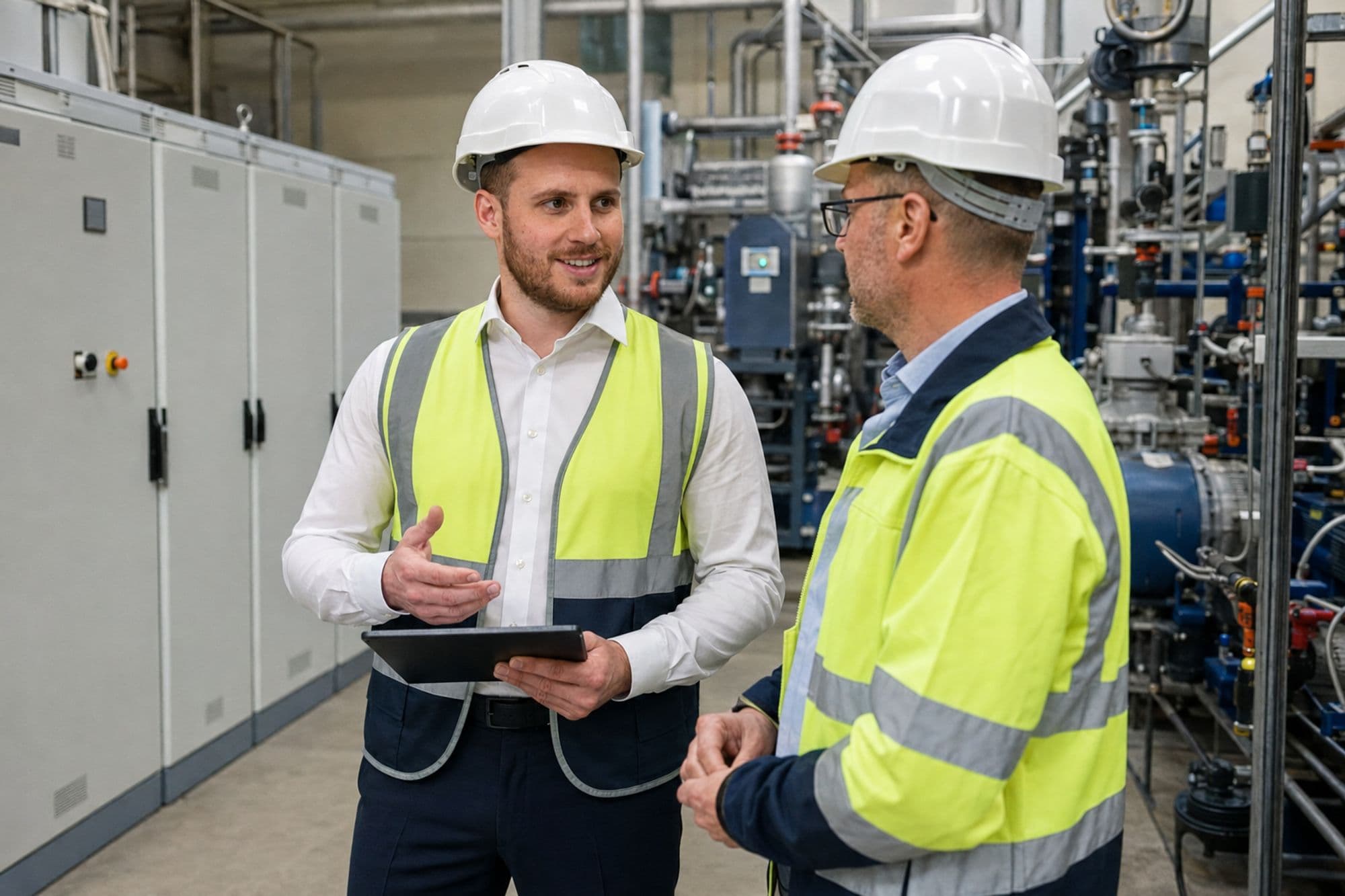 Ruben Danz im Gespräch mit einem Techniker in einer Industrieanlage